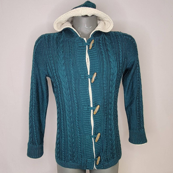 LL Bean Cardigan Womens Wool Blend Cable Knit Sweater Loop Closure Green Medium - Picture 1 of 10